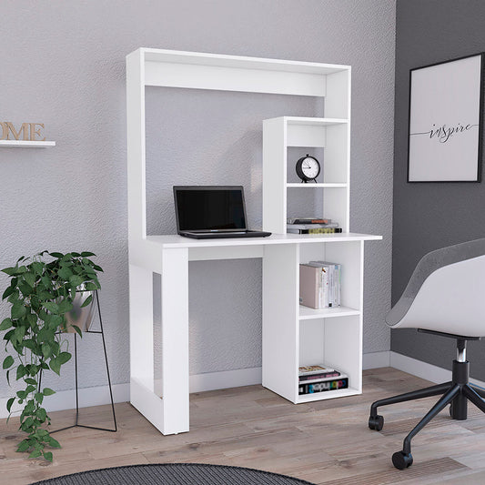 Modern white computer desk with integrated shelving and a laptop