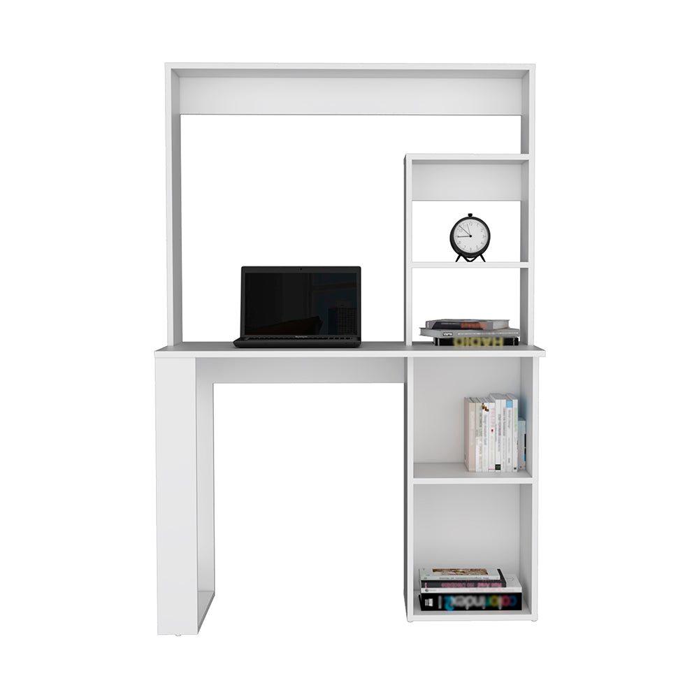 Modern white desk with laptop and builtin shelving unit for home office essentials