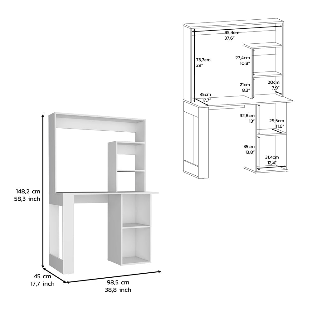 White computer desk with integrated shelves and drawer modern design for home office