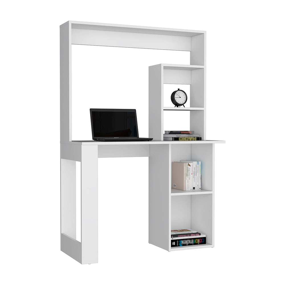 Modern white computer desk with open shelving and a laptop for home office use