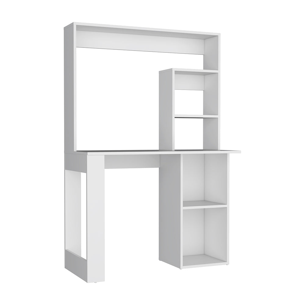 Modern white study desk with integrated shelving unit for home office organization