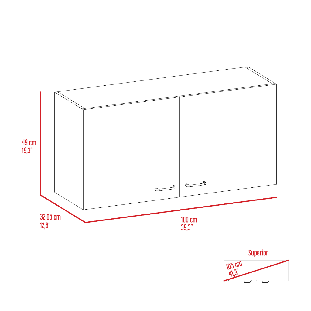 Line drawing of a white twodoor wall cabinet with silver handles cm wide
