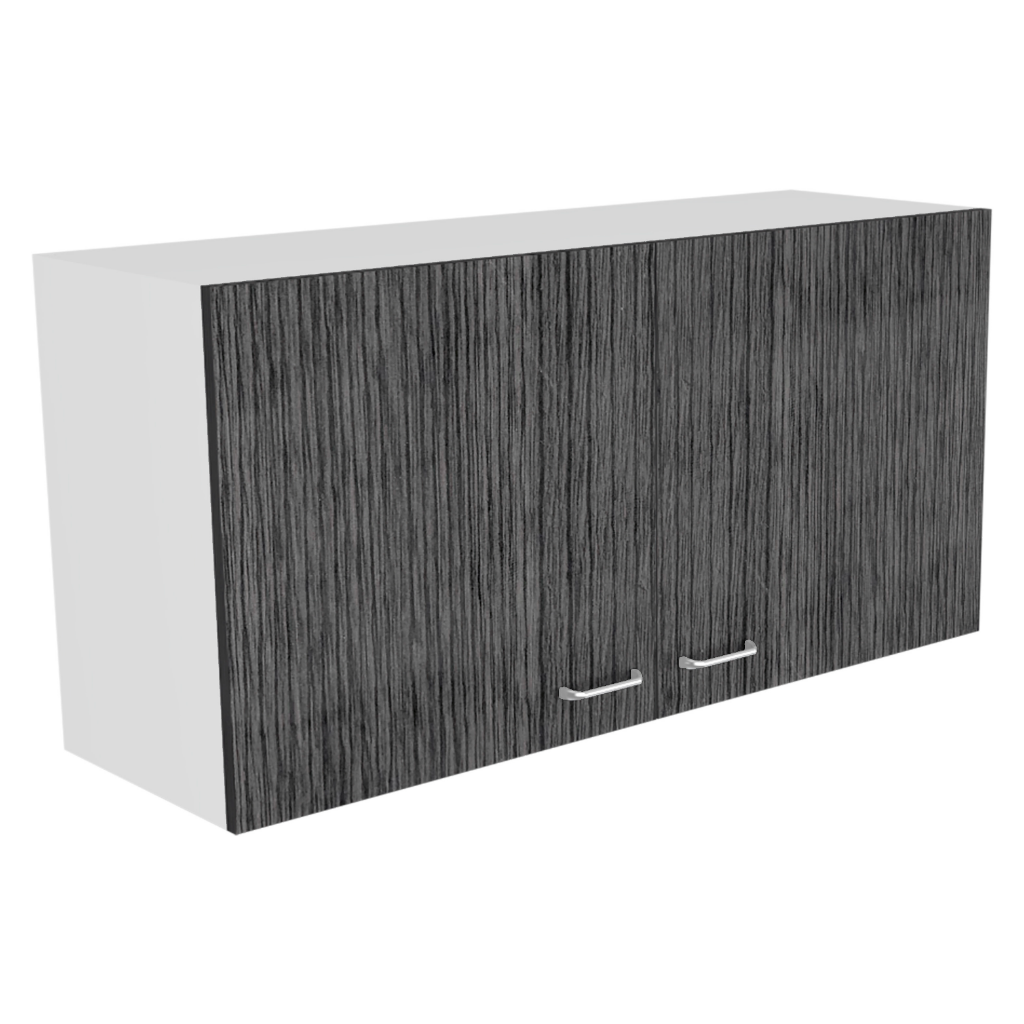 Modern gray wood grain wall cabinet with chrome handles for kitchen storage