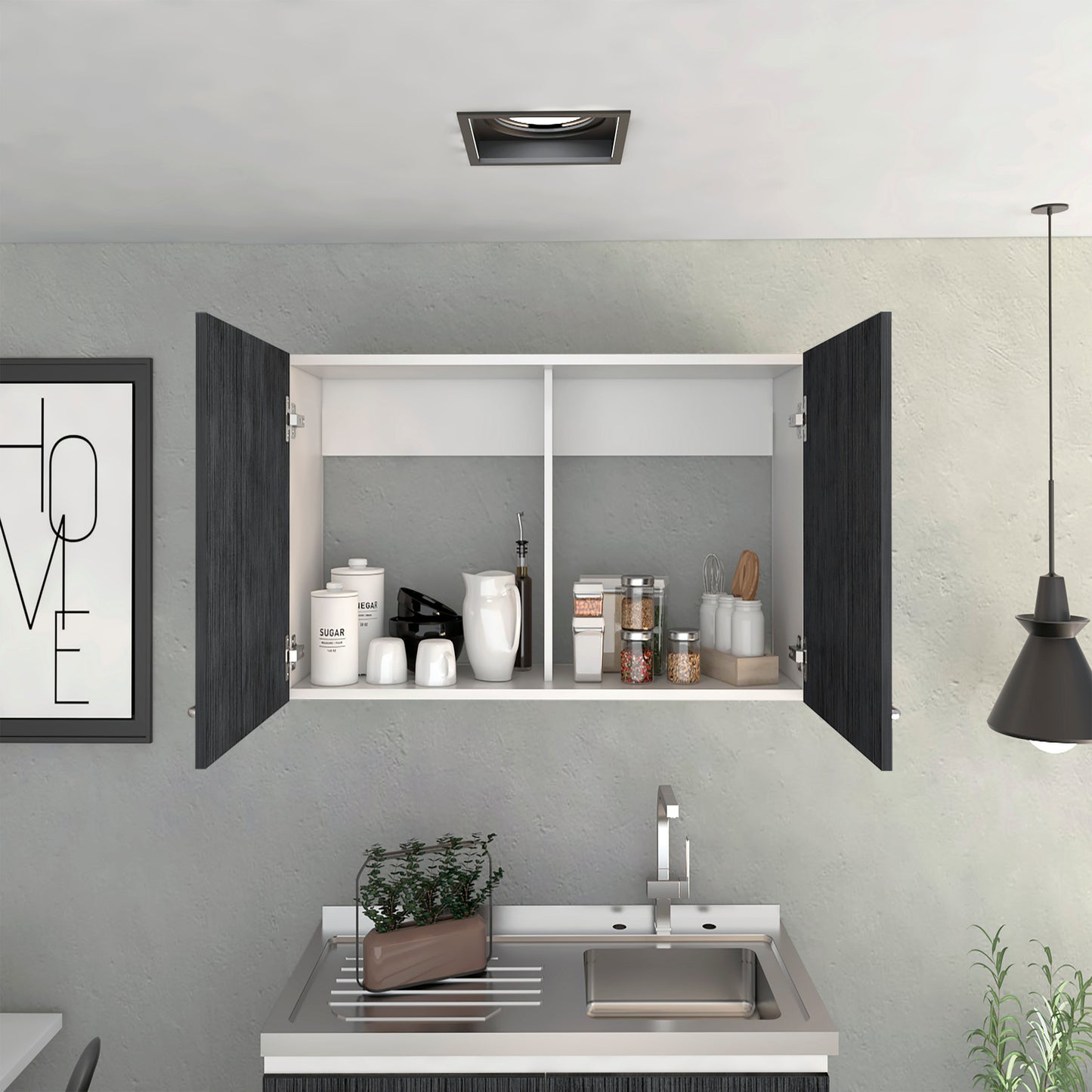 Modern dark wood cabinet with open doors showcasing kitchen storage solutions