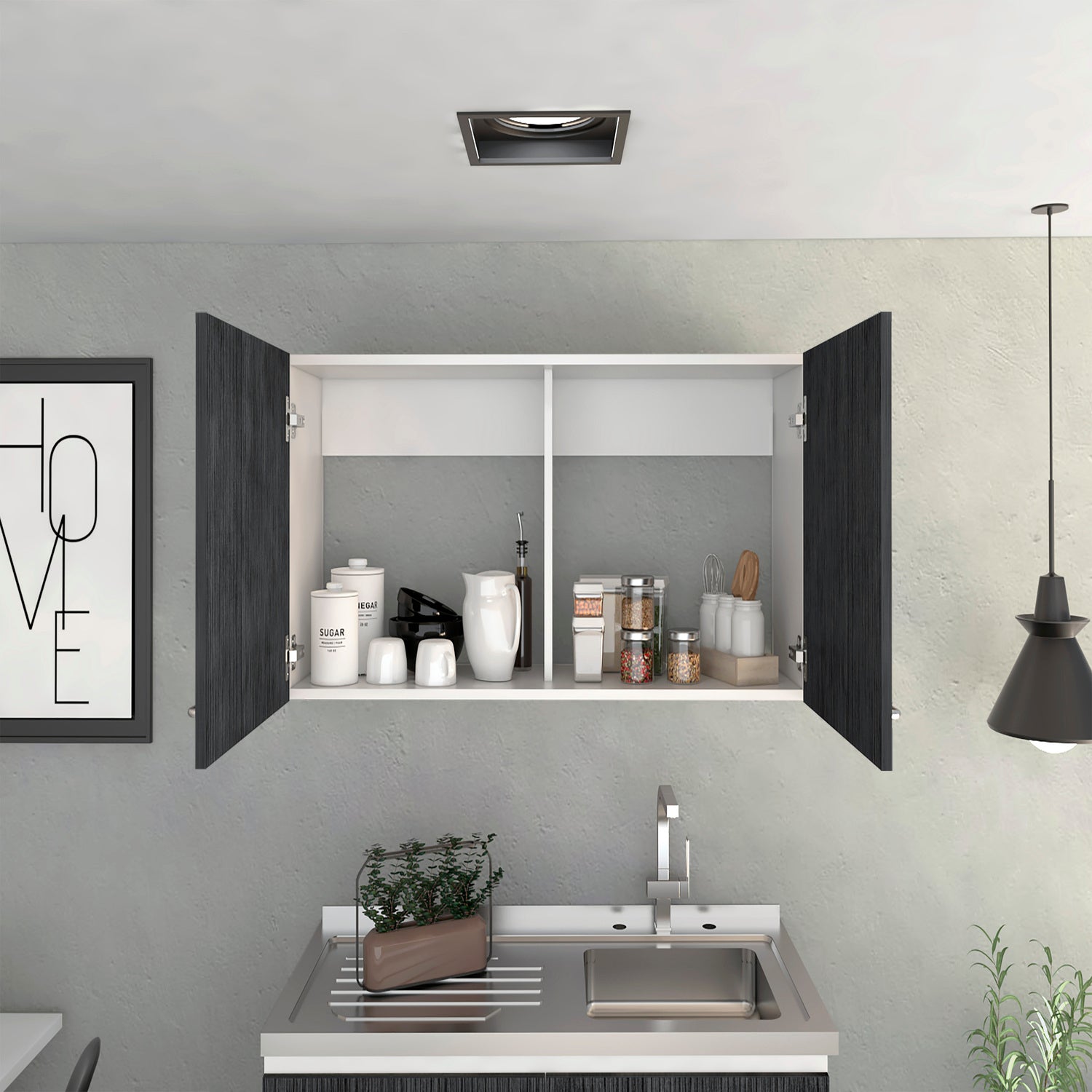 Modern dark wood cabinet with open doors showcasing kitchen storage solutions
