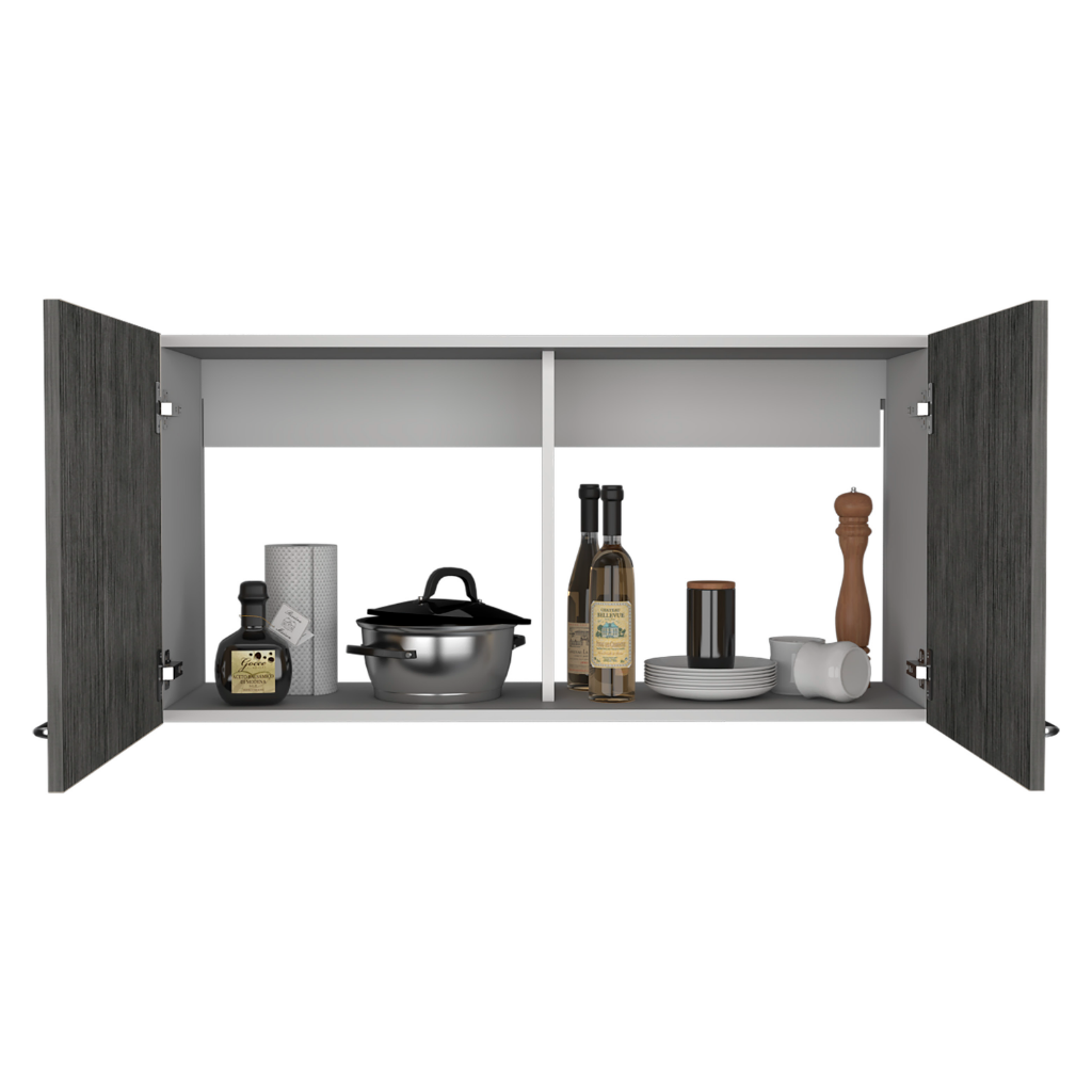 Dark wood grain cabinet with stainless steel pot wine bottles and dishes
