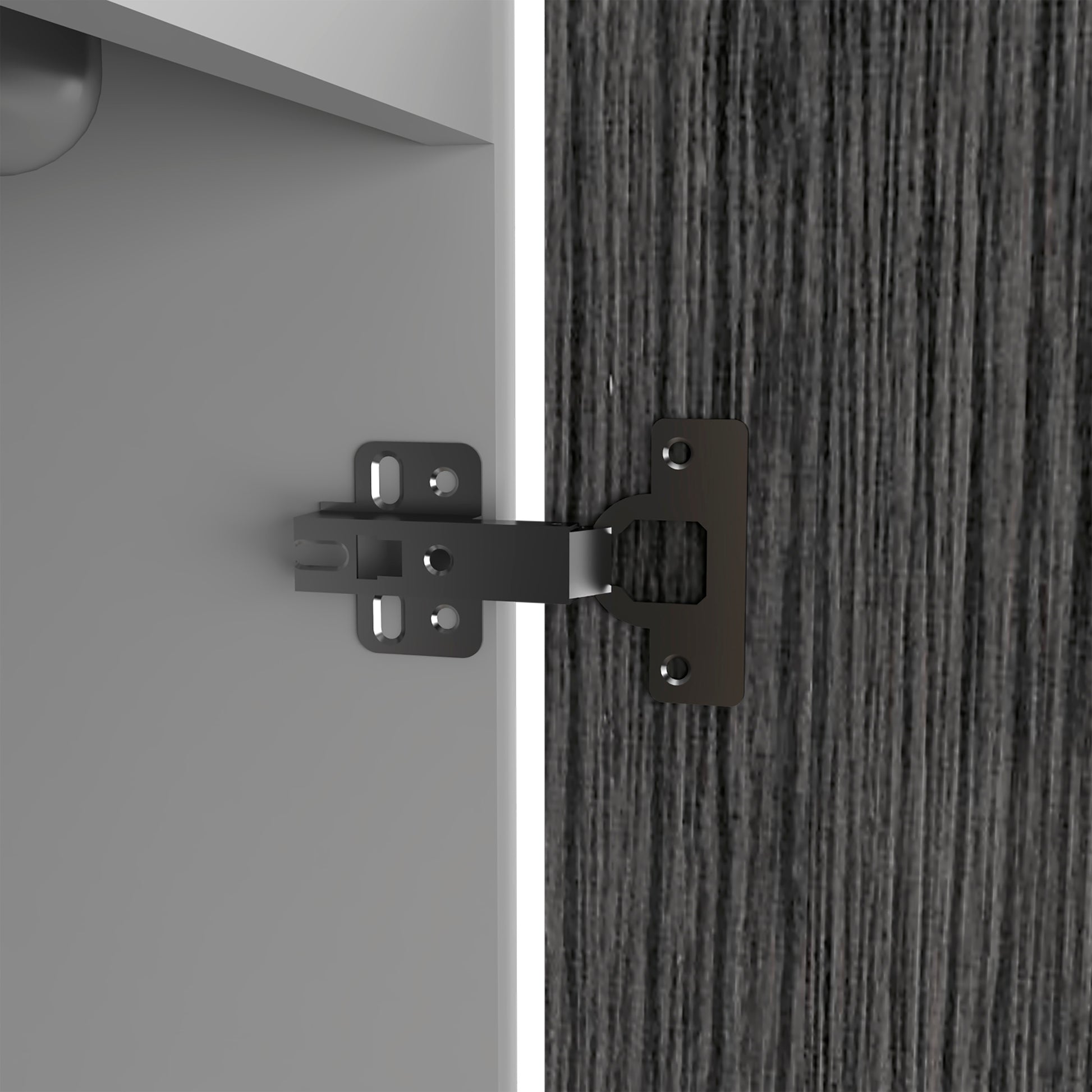 Closeup of a black cabinet hinge mechanism attached to a light gray cabinet door high quality hardware