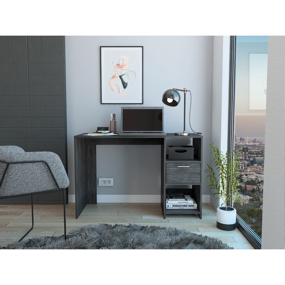 Modern dark wood computer desk with laptop and adjustable desk lamp