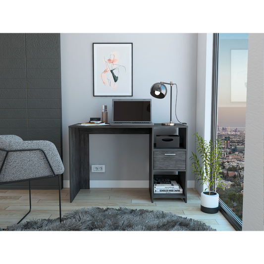 Modern dark wood computer desk with laptop and adjustable desk lamp