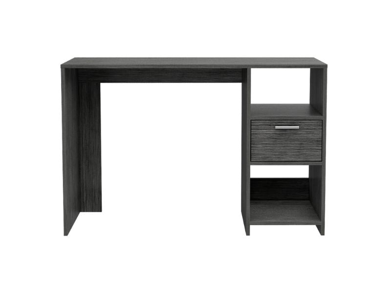 Modern grey wood veneer desk with drawer and open shelf