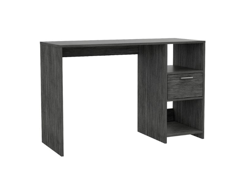 Dark grey wood grain desk with one drawer and open shelving