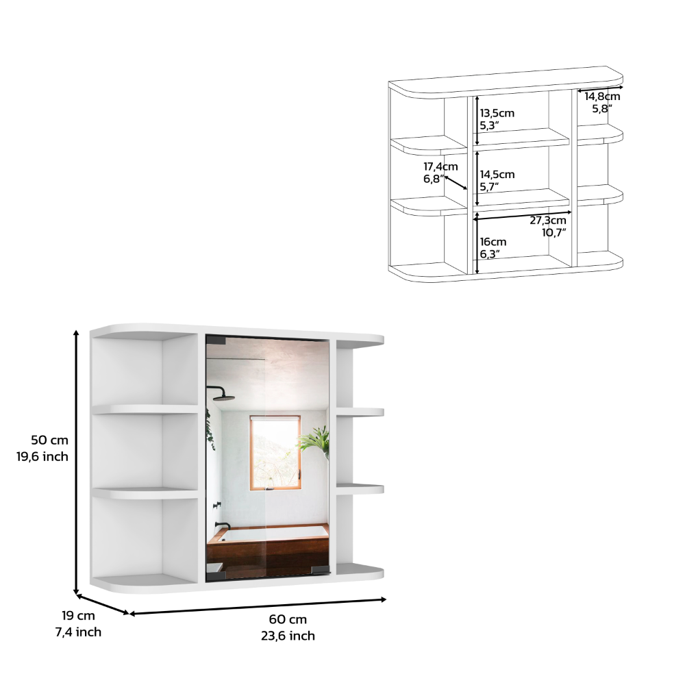 White modern wall shelf unit with integrated mirror and multiple display shelves