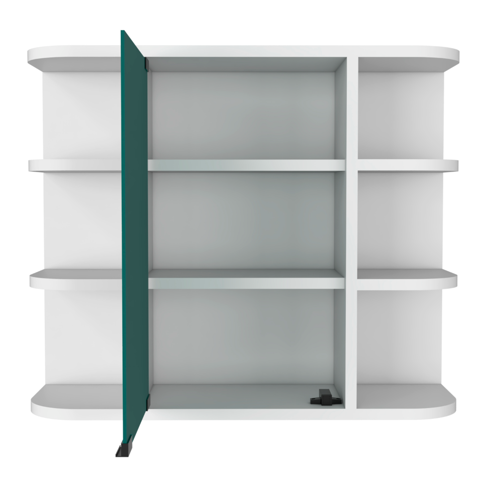 Modern white wall shelf unit with one teal glass door open