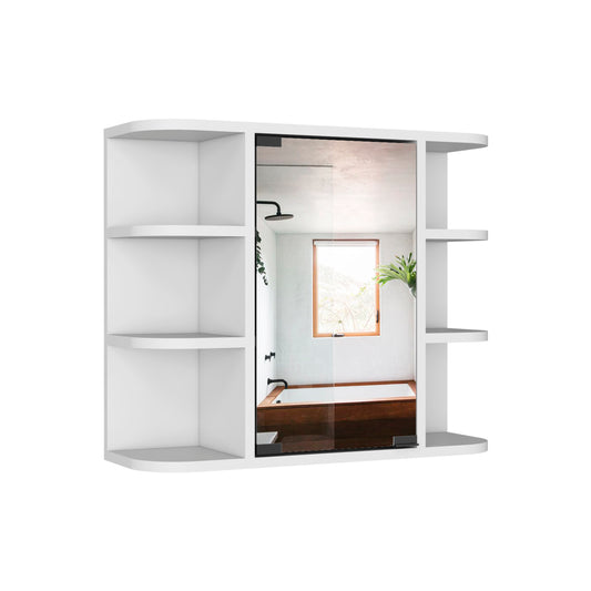 Modern white bathroom medicine cabinet with open shelves and mirrored door