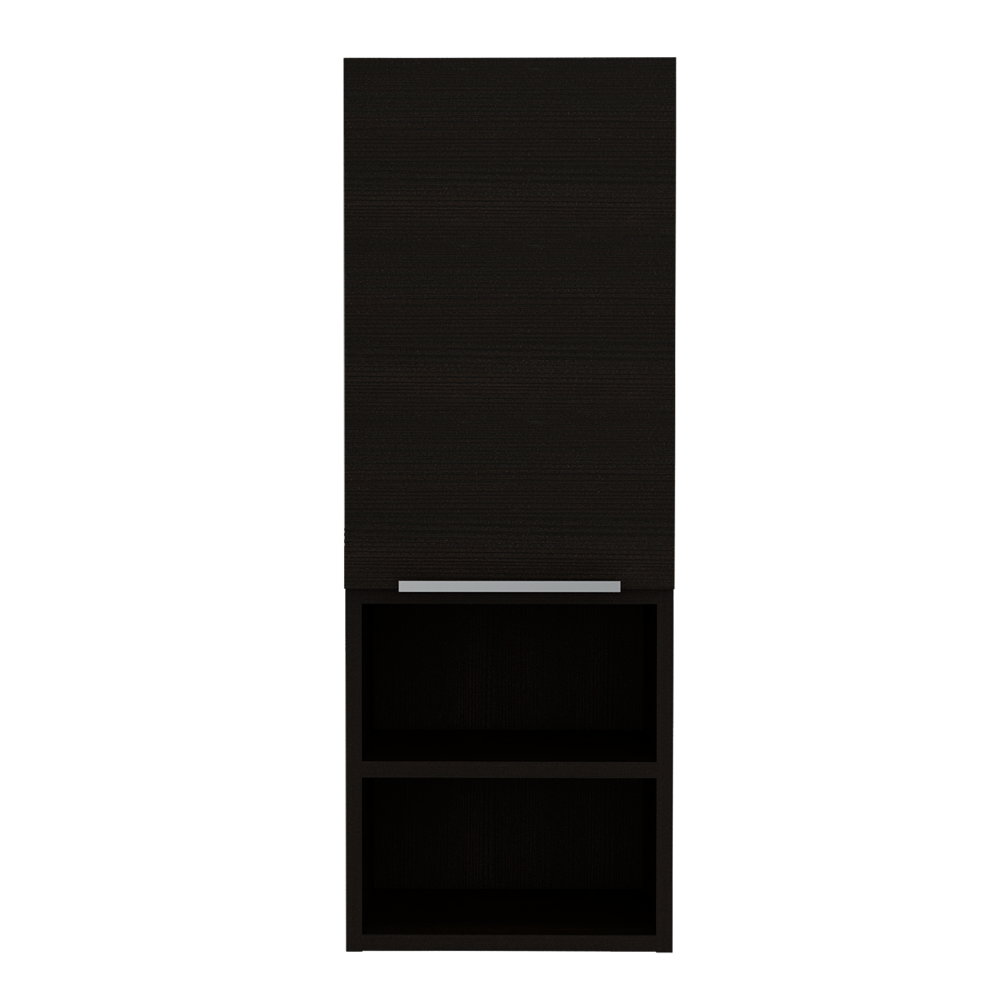 Tall dark brown wood cabinet with a silver handle and two open shelves below