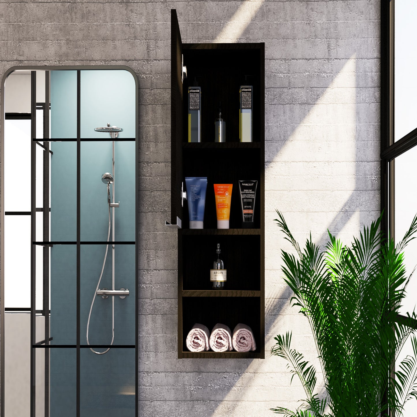 Dark wooden medicine cabinet holding toiletries and towels