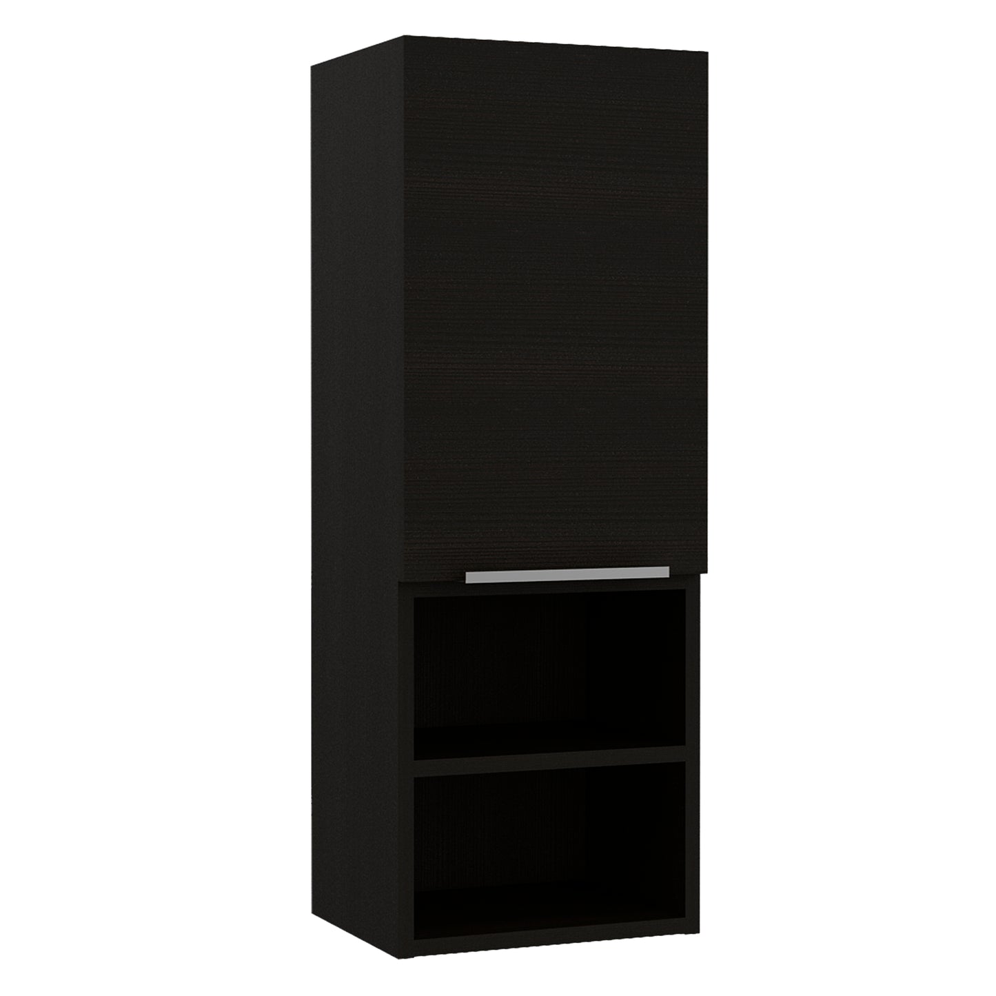 Tall dark wood cabinet with one door and two open shelves below