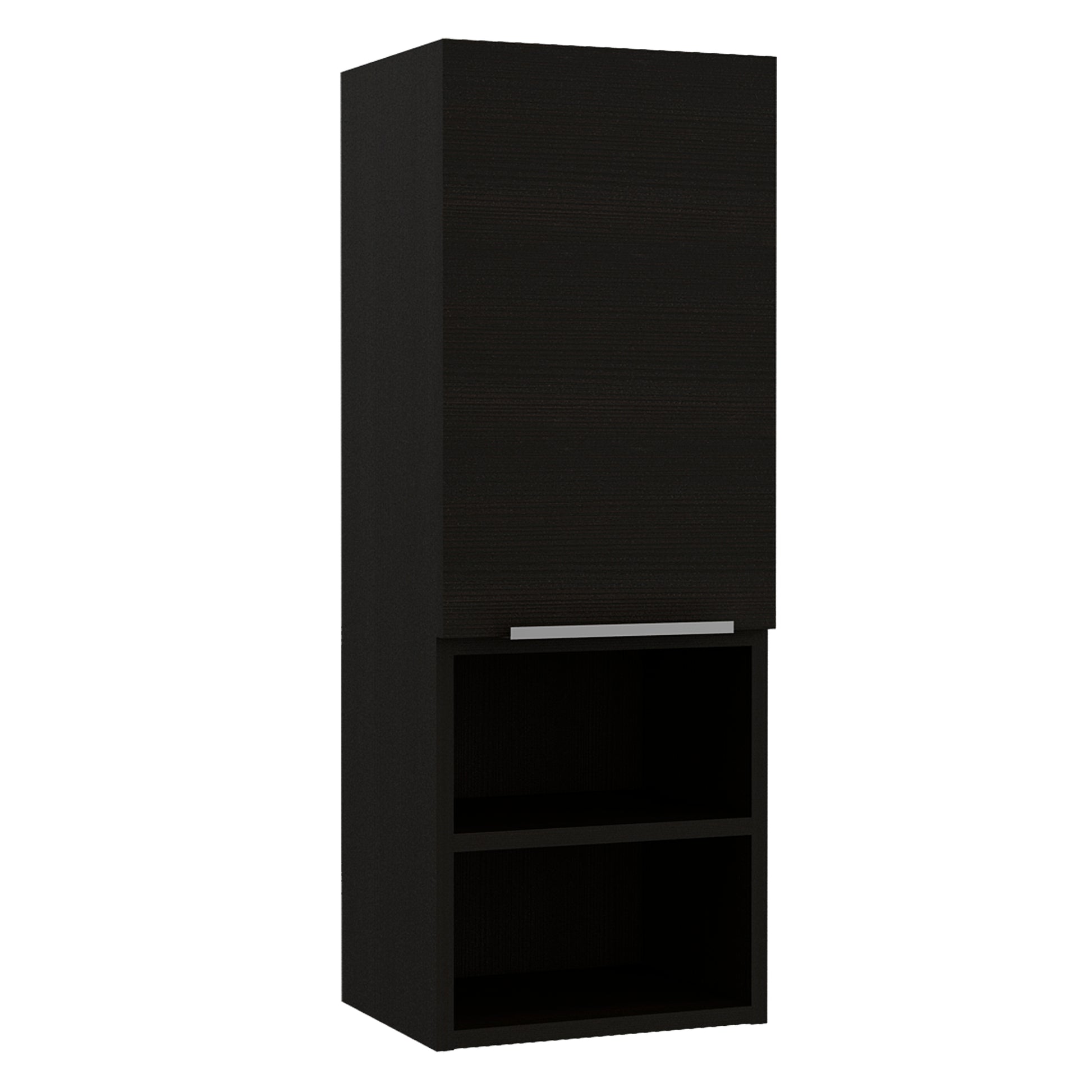Tall dark wood cabinet with one door and two open shelves below
