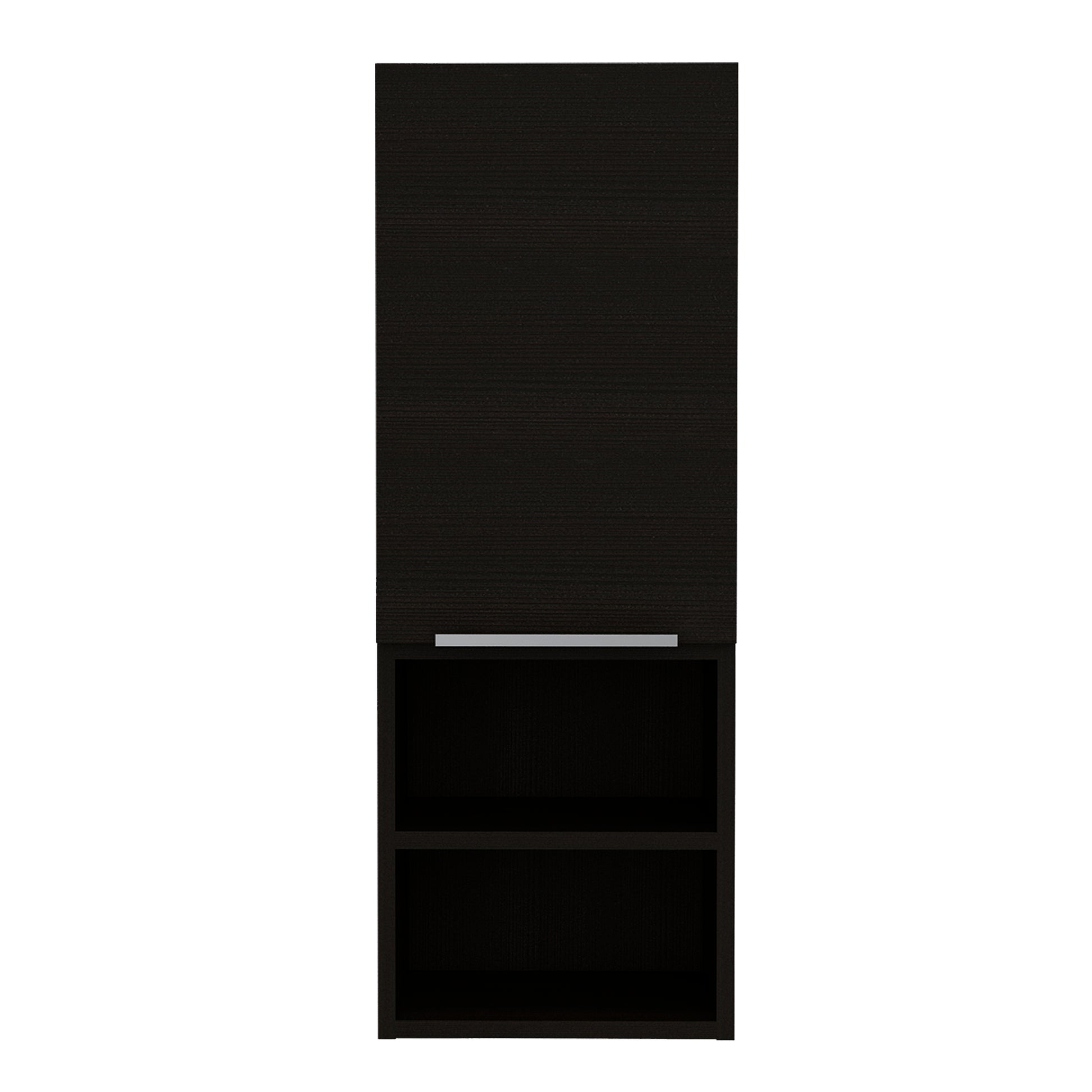 Dark wood effect wall cabinet with brushed metal handle and two open shelves