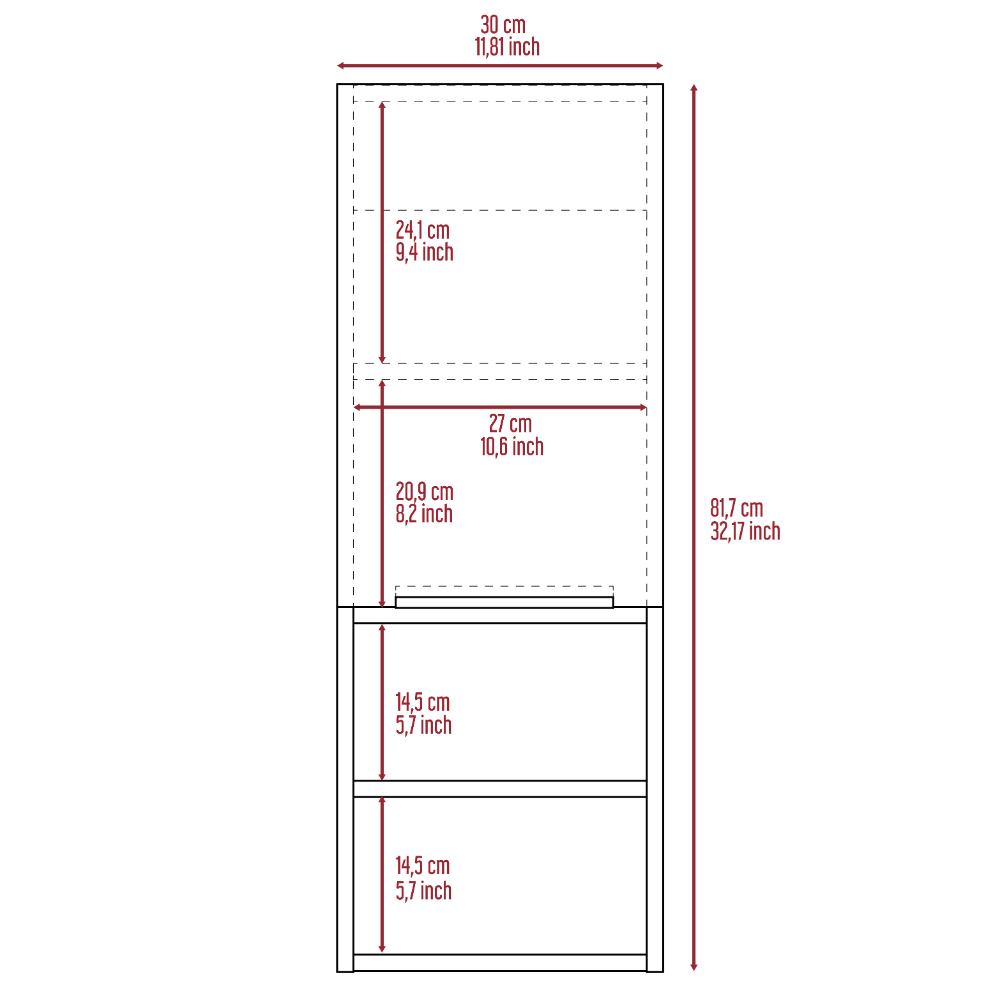Diagram shows dimensions for a narrow bookcase cm wide cm high