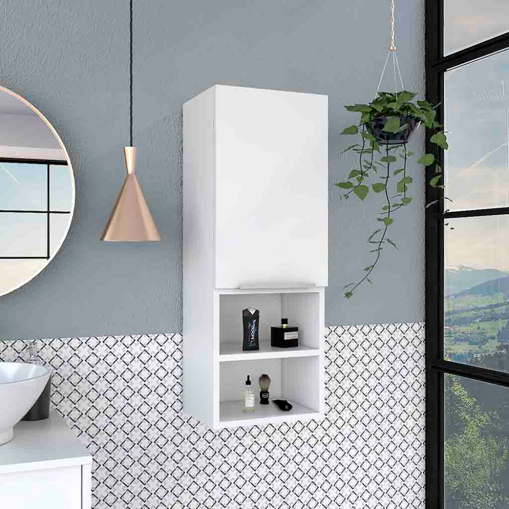 Modern white wallmounted bathroom cabinet with open shelving holding toiletries