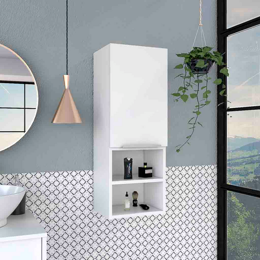 Modern white wallmounted bathroom cabinet with open shelving holding toiletries