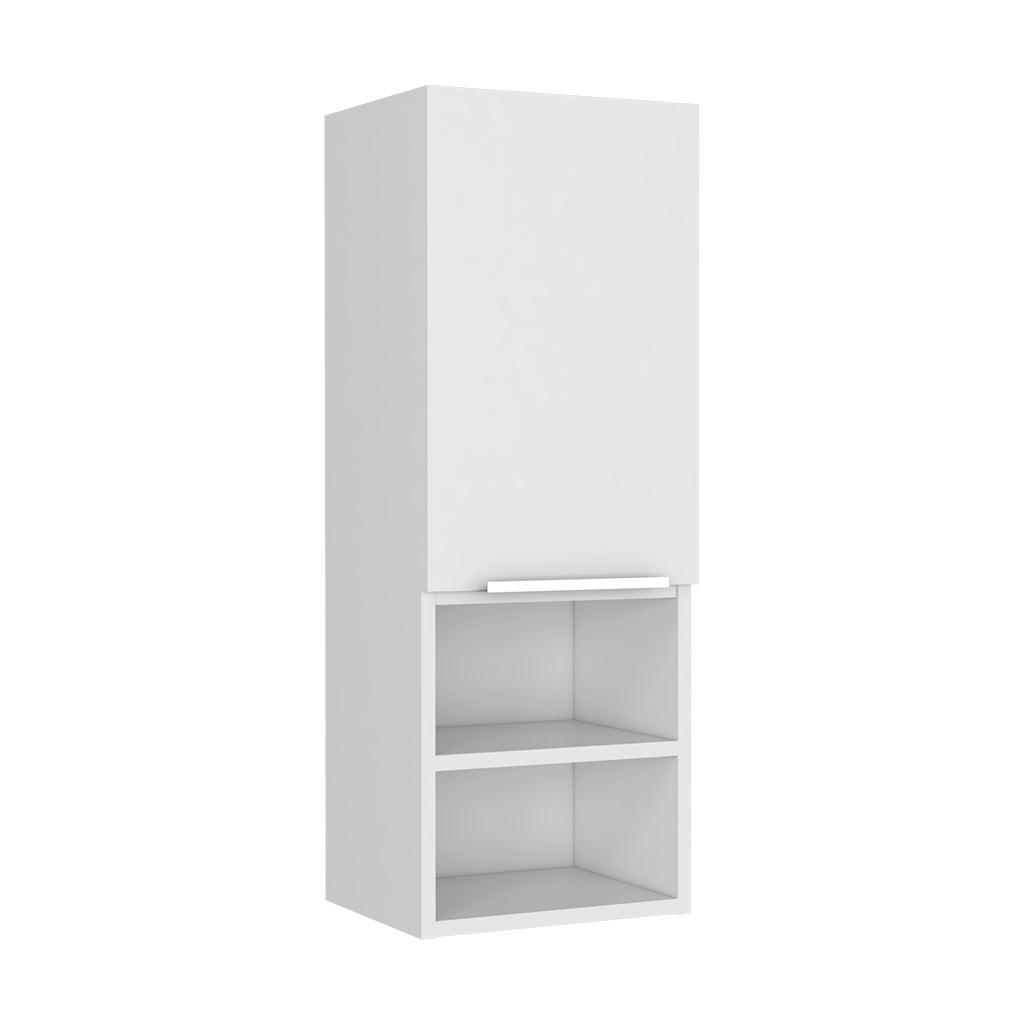 White modern wall cabinet with open shelving and a minimalist handle
