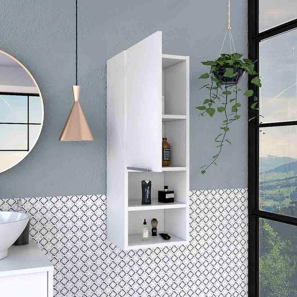 White wall cabinet with open shelving for bathroom storage solutions