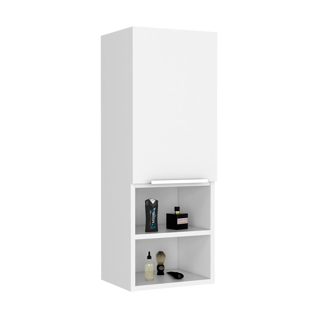Modern white wall cabinet with two open shelves displaying grooming products