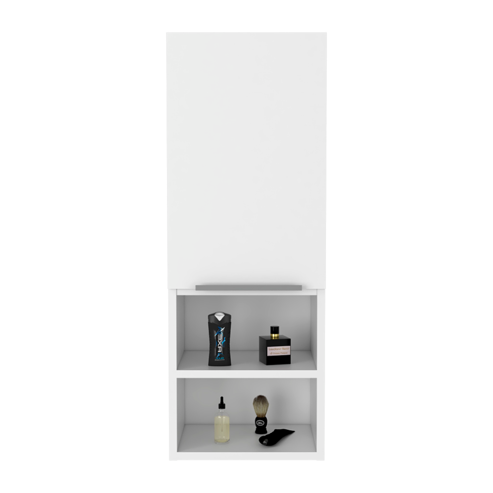 Modern white wallmounted bathroom cabinet displaying toiletries like shampoo cologne and grooming tools