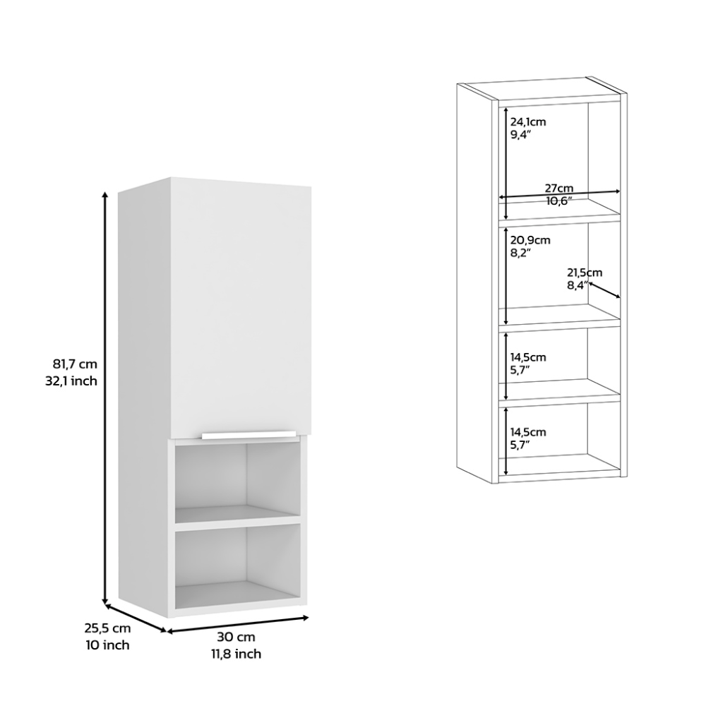 White wall mounted cabinet with one door and two open shelves dimensions shown