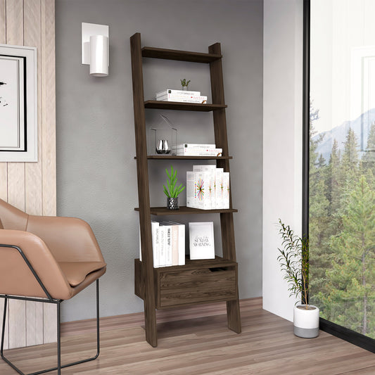 Dark wood leaning bookshelf with four shelves and one drawer modern home decor