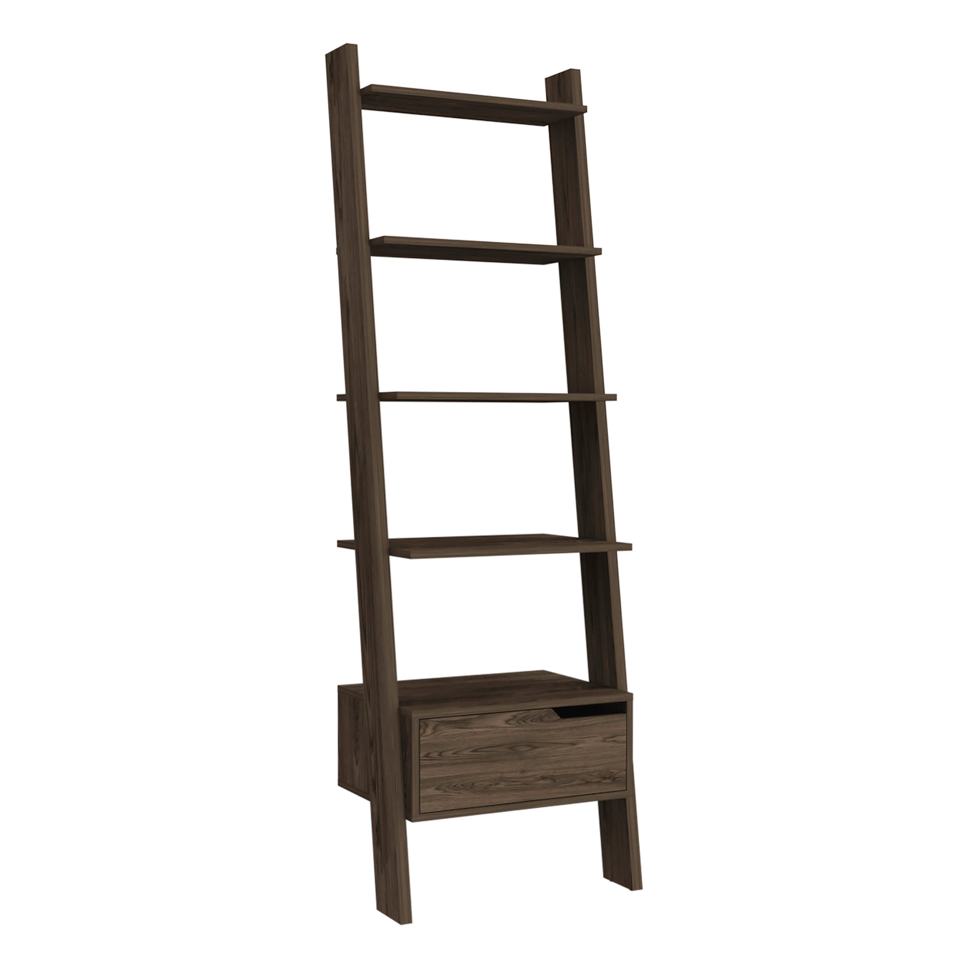 Dark walnut ladder shelf with one drawer for storage