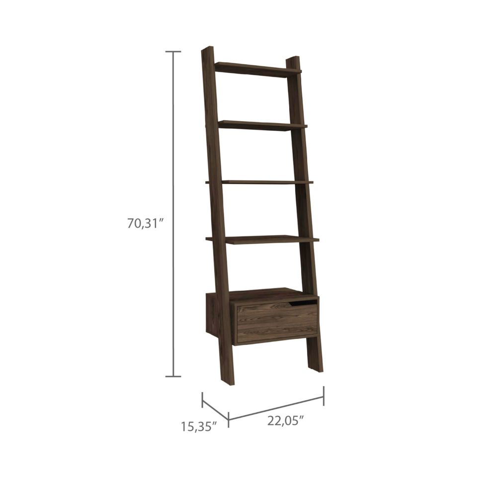 Dark wood ladder bookshelf with one drawer  inches tall