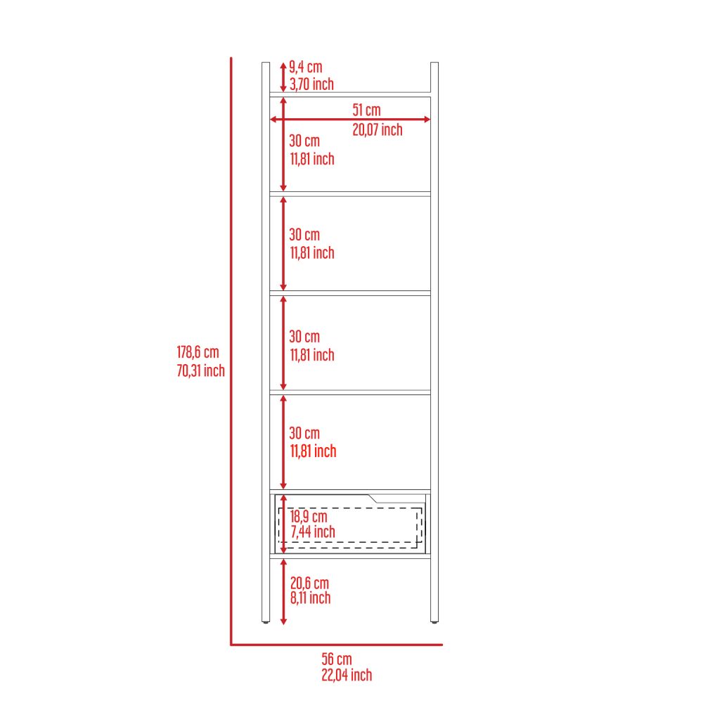 Diagram showing a tall narrow bookshelf with dimensions
