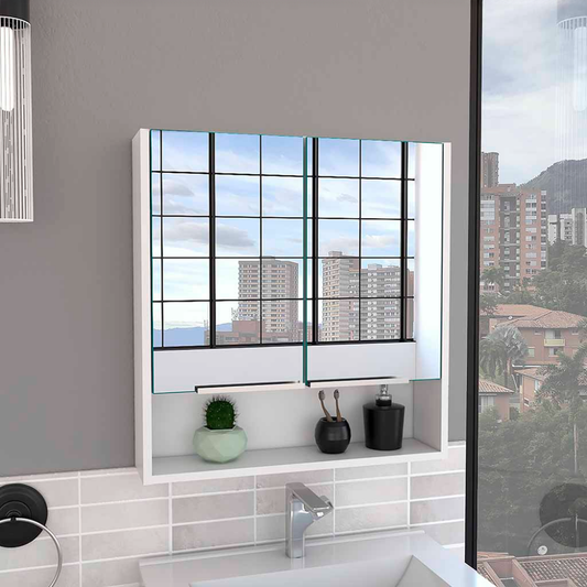 White modern bathroom medicine cabinet with mirrored doors and open shelf storage