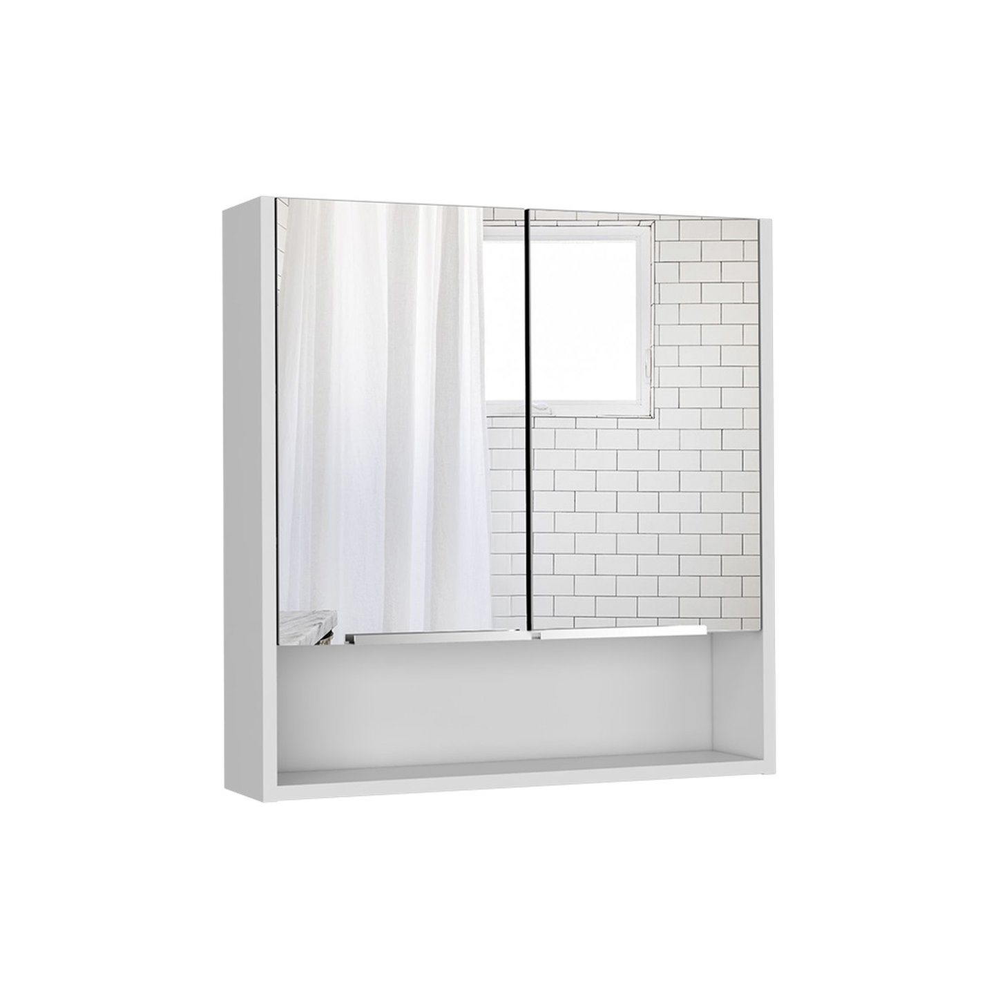 Modern white bathroom medicine cabinet with mirrored doors and open shelf