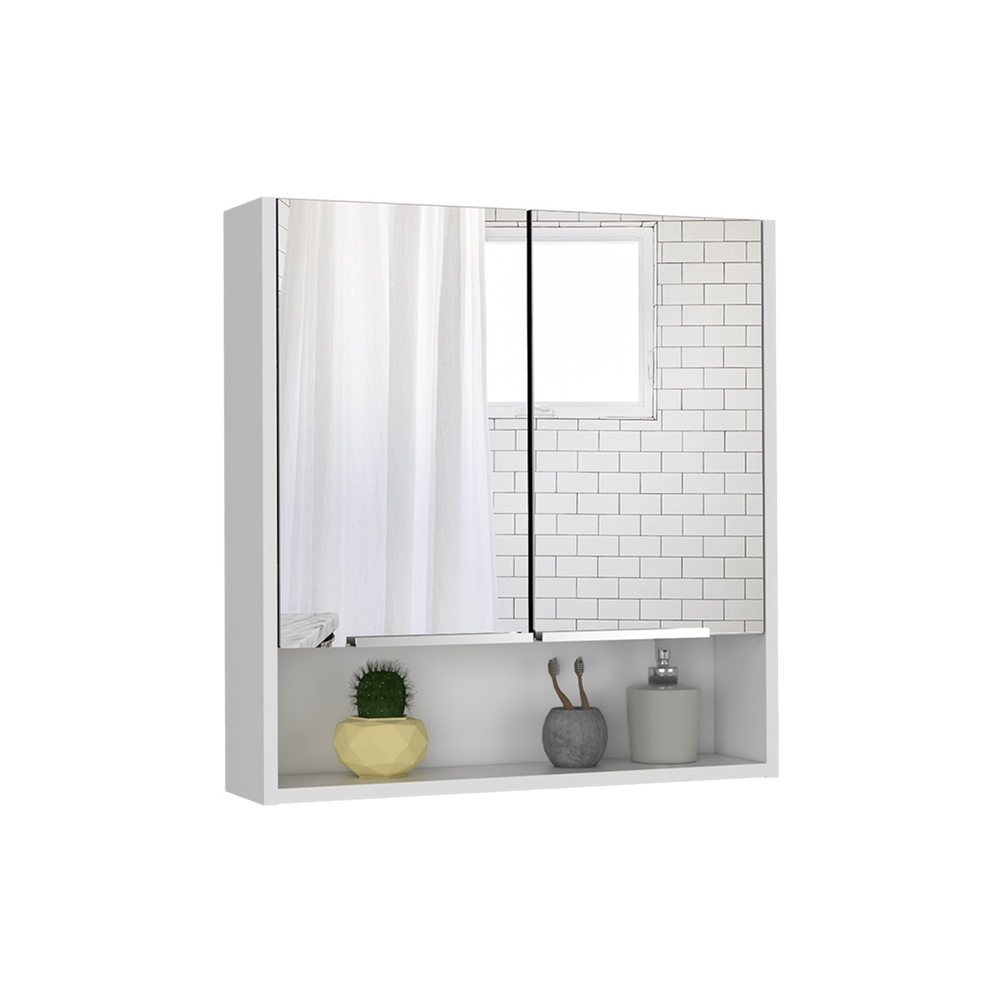 White modern medicine cabinet with mirrored doors and open shelf below