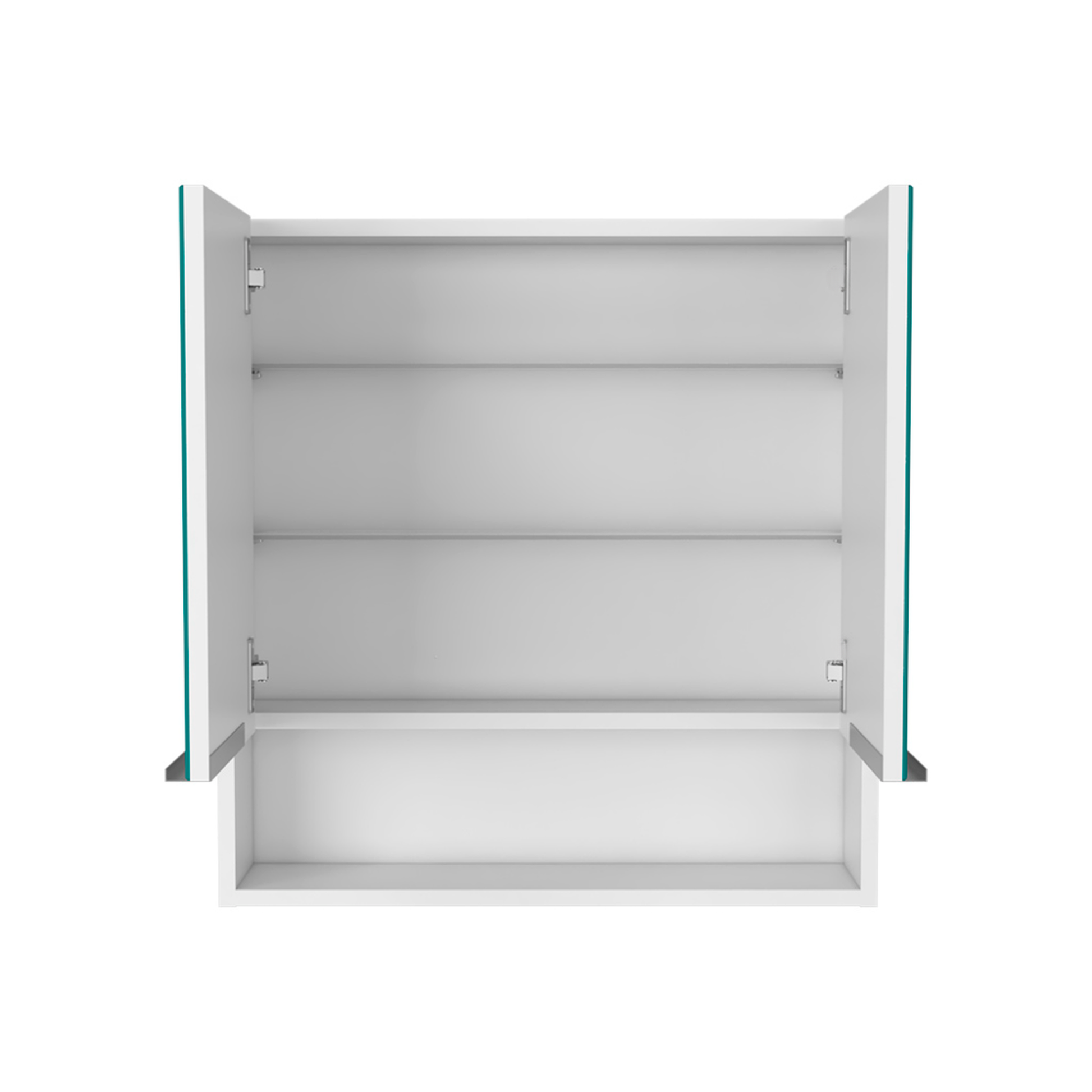 White wall cabinet with open doors and three shelves modern bathroom storage