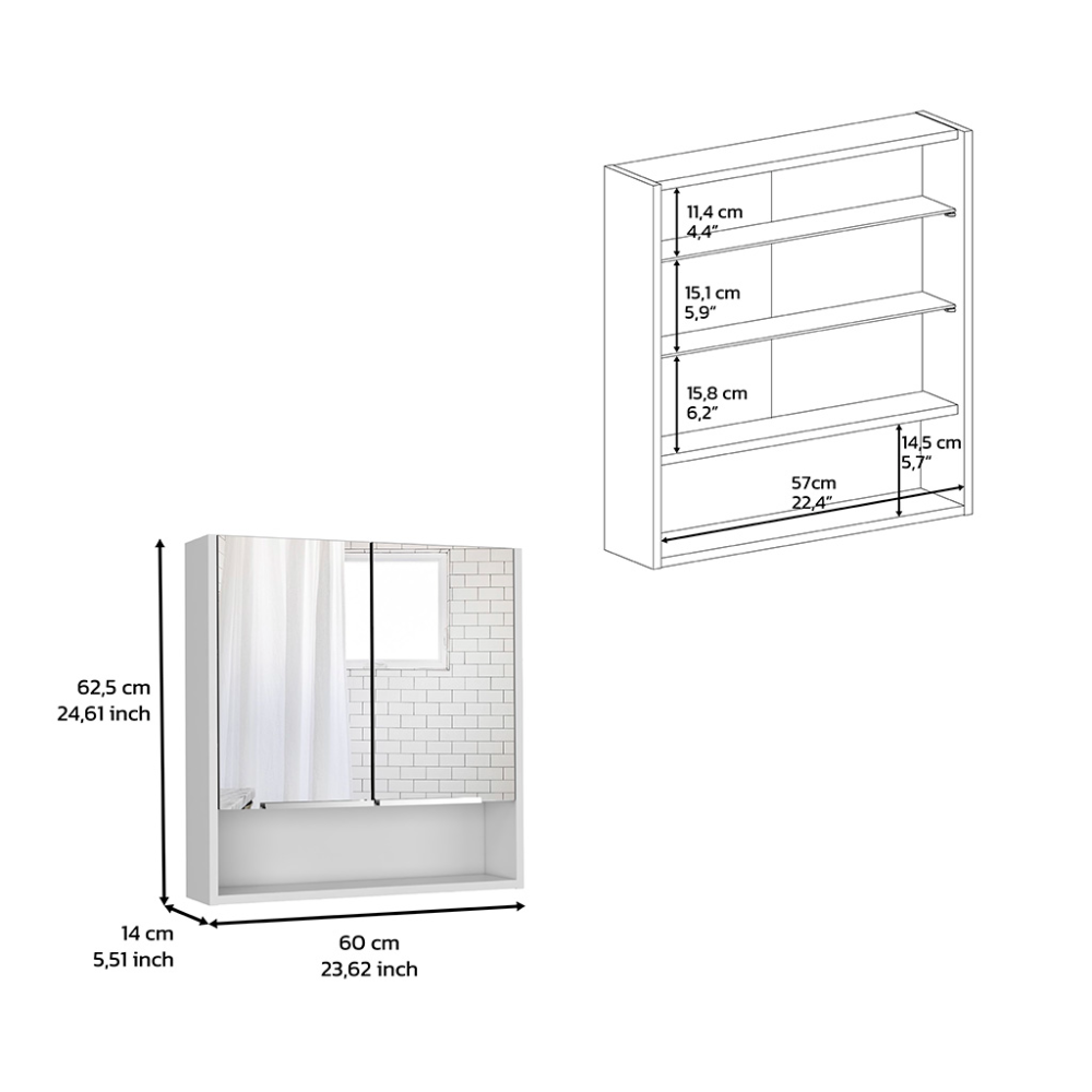 White bathroom cabinet with mirrored doors and open shelf cm wide