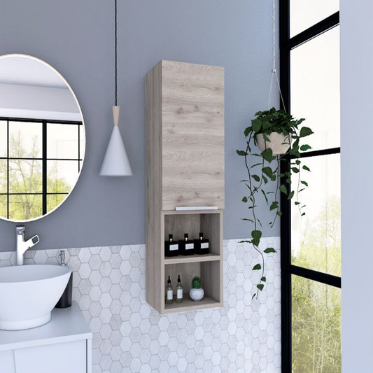Light oak bathroom wall cabinet with open shelves holding toiletries and a decorative plant