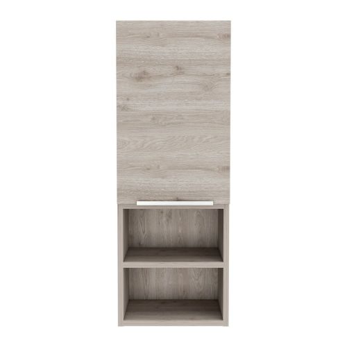 Light wood veneer wall cabinet with two open shelves and a single door Modern storage solution