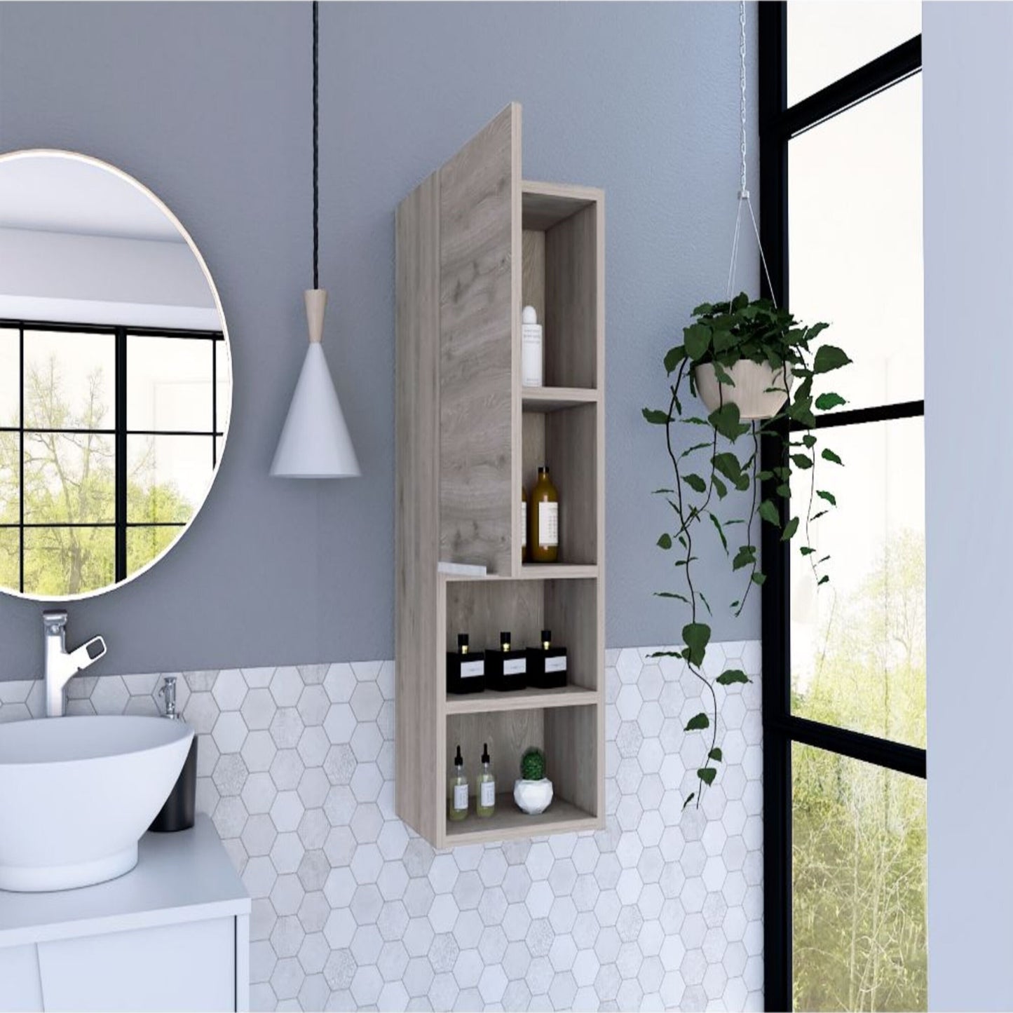 Gray wood bathroom wall cabinet with open shelves displaying bottles and decor