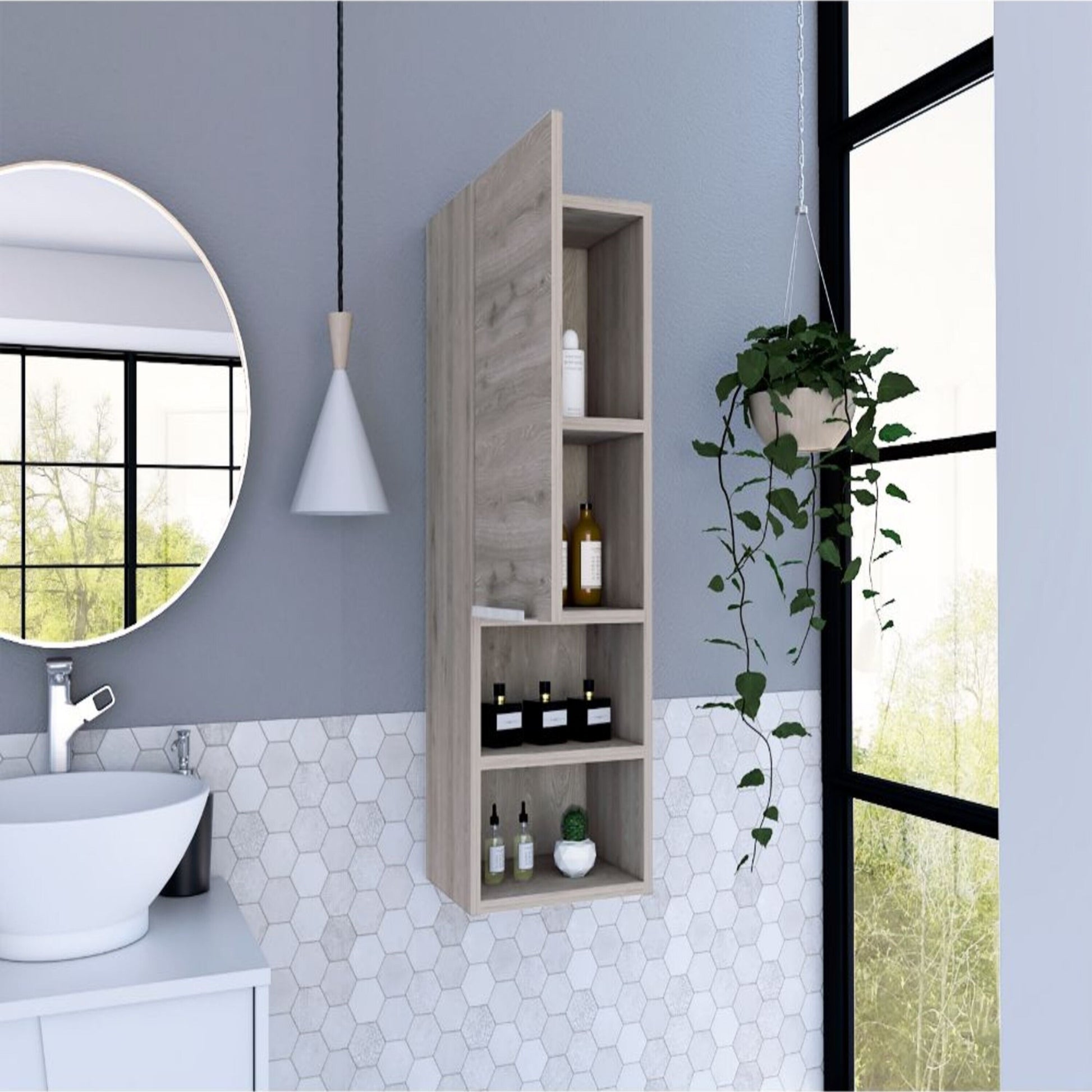 Gray wood bathroom wall cabinet with open shelves displaying bottles and decor