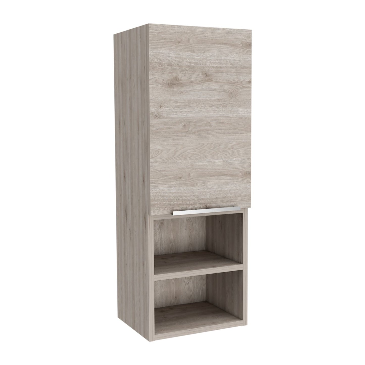 Tall linen cabinet with light wood grain finish and open shelves