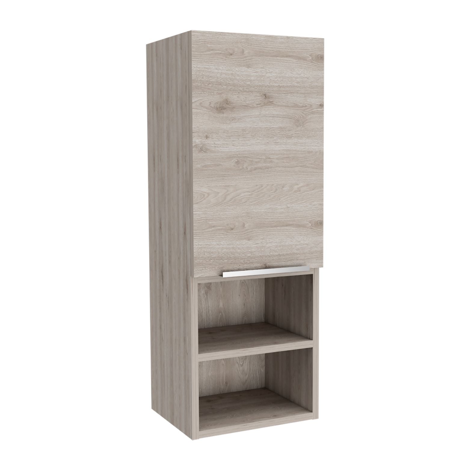 Tall linen cabinet with light wood grain finish and open shelves
