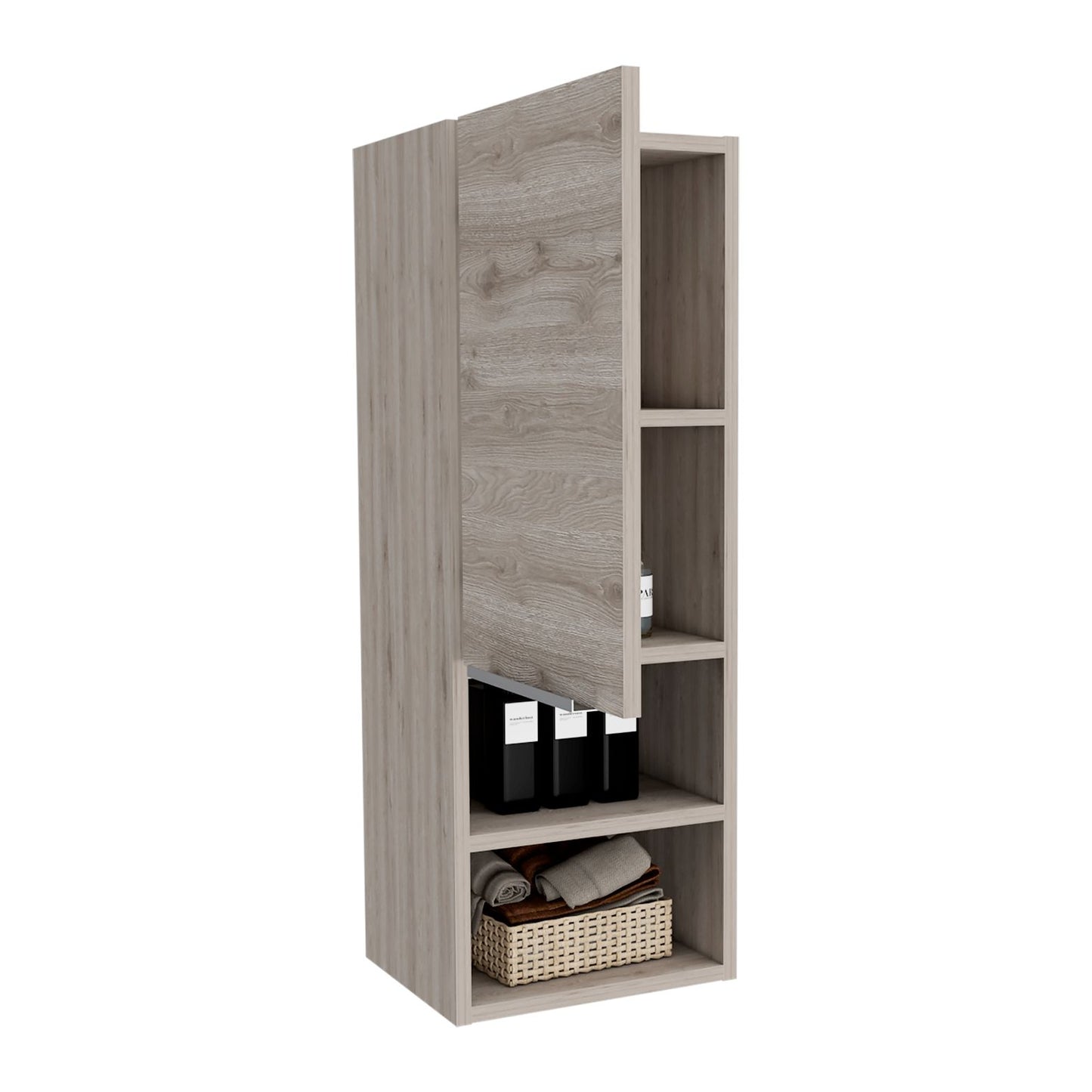 Light oak wood tall bathroom cabinet with open shelves displaying bottles and towels