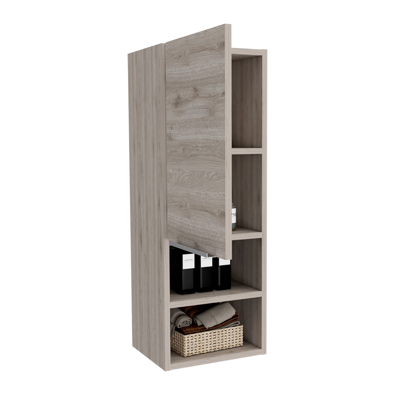 Light oak wood tall bathroom cabinet with open shelves displaying bottles and towels