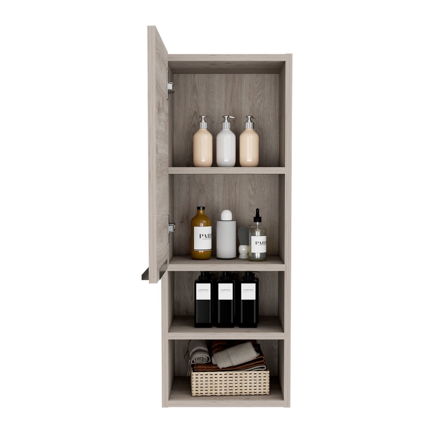 Light wood grain medicine cabinet with open door stocked with toiletries like soap dispensers and towels