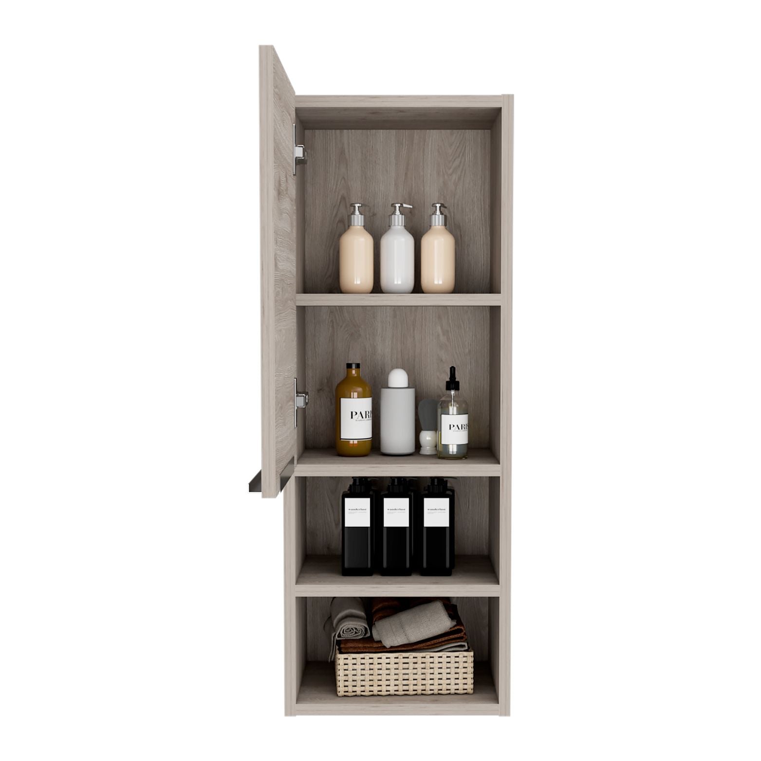Light wood grain medicine cabinet with open door stocked with toiletries like soap dispensers and towels